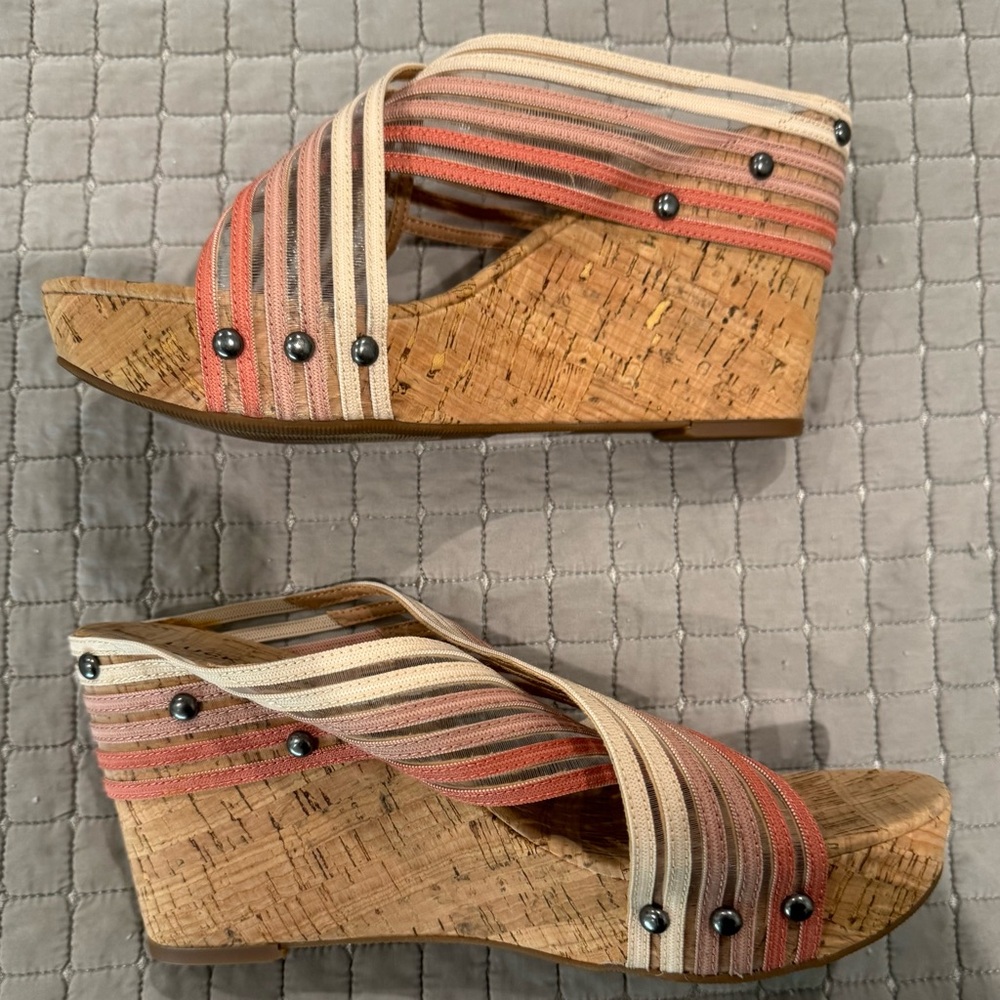 Lucky Brand Women's Cork Wedge Sandals in Pink and Cream